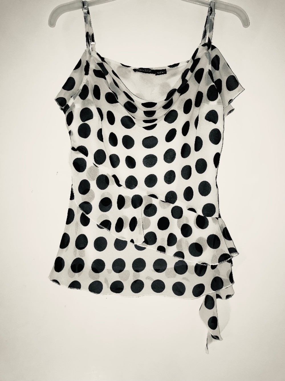 VTG Y2K Mileage XL Polka Dot Cowl Neck Cami Tank Top White Black Spaghetti Strap
